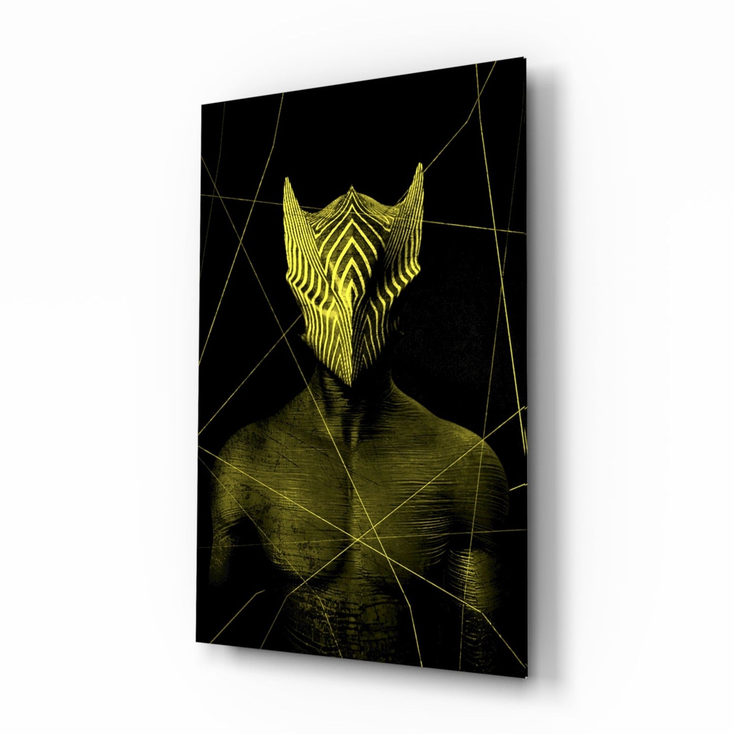 3D perspective view of black glass wall art featuring yellow striped beard design with geometric line overlay on torso.
