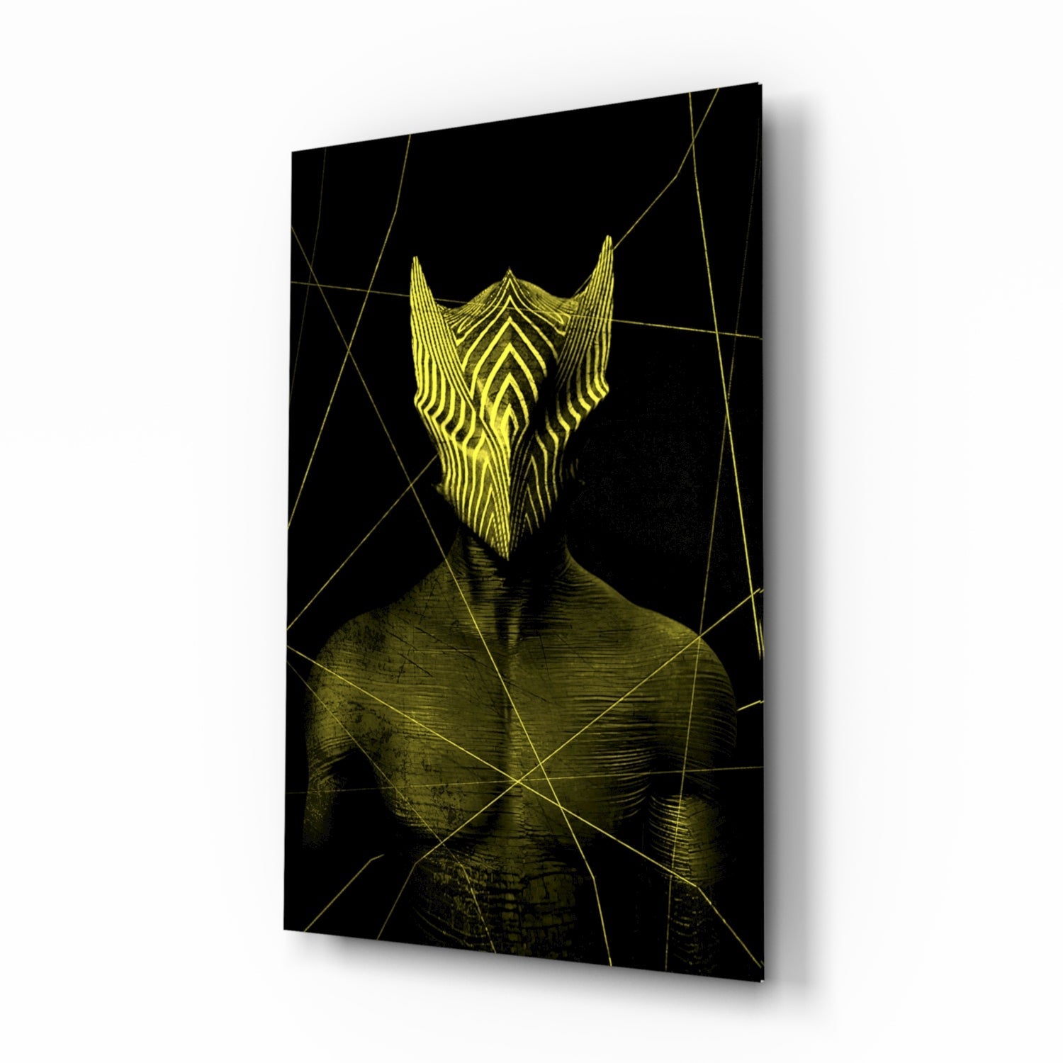 3D perspective view of black glass wall art featuring yellow striped beard design with geometric line overlay on torso.