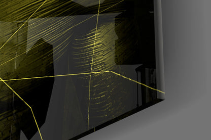 Yellow linear glass art installation mounted on brick wall, angled architectural photograph showing three-dimensional geometric composition with yellow lines against dark interior space.