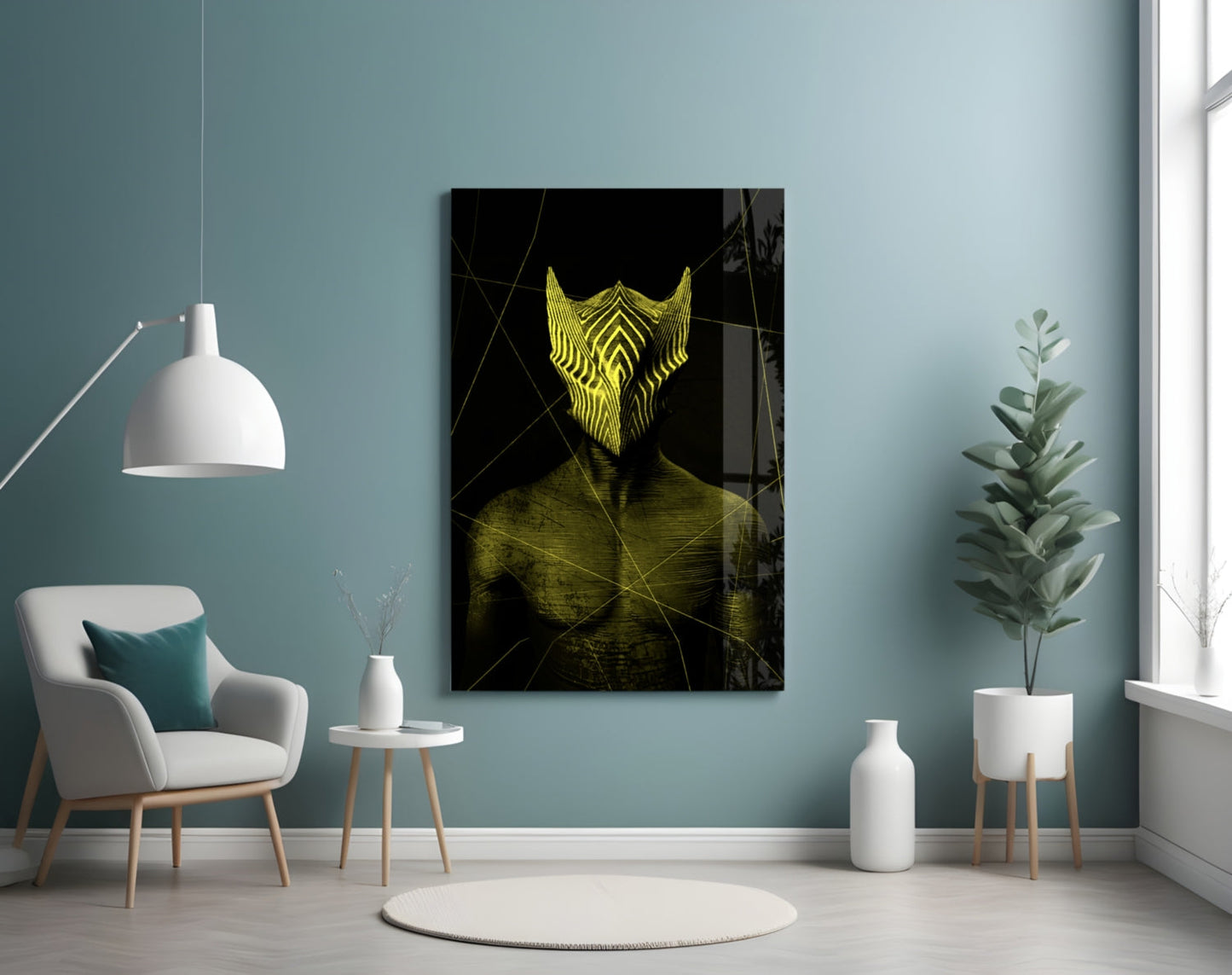 Darko Yellow Glass Wall Art displayed on a teal wall above a white armchair in a minimalist interior setting.