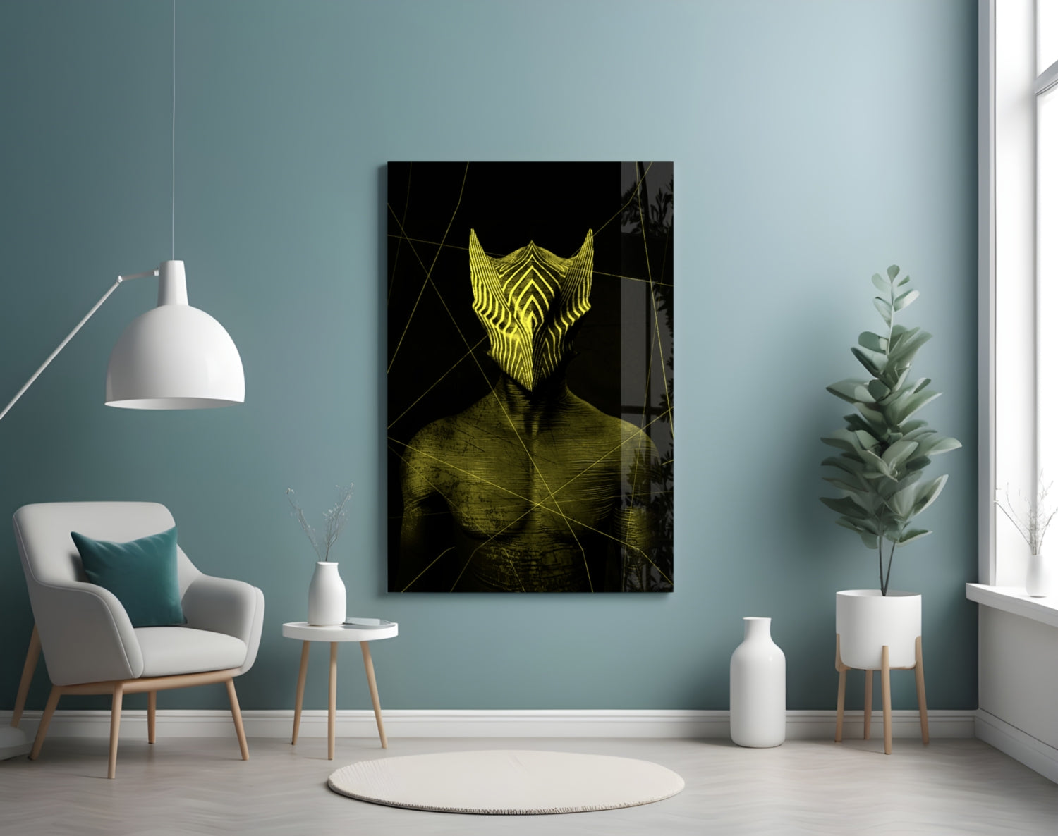 Darko Yellow Glass Wall Art displayed on a teal wall above a white armchair in a minimalist interior setting.