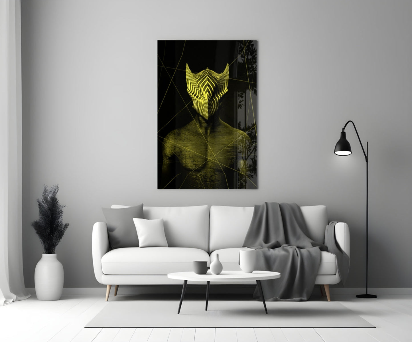 Yellow glowing glass wall art depicting an abstract winged figure displayed above a white sofa in a modern living room.