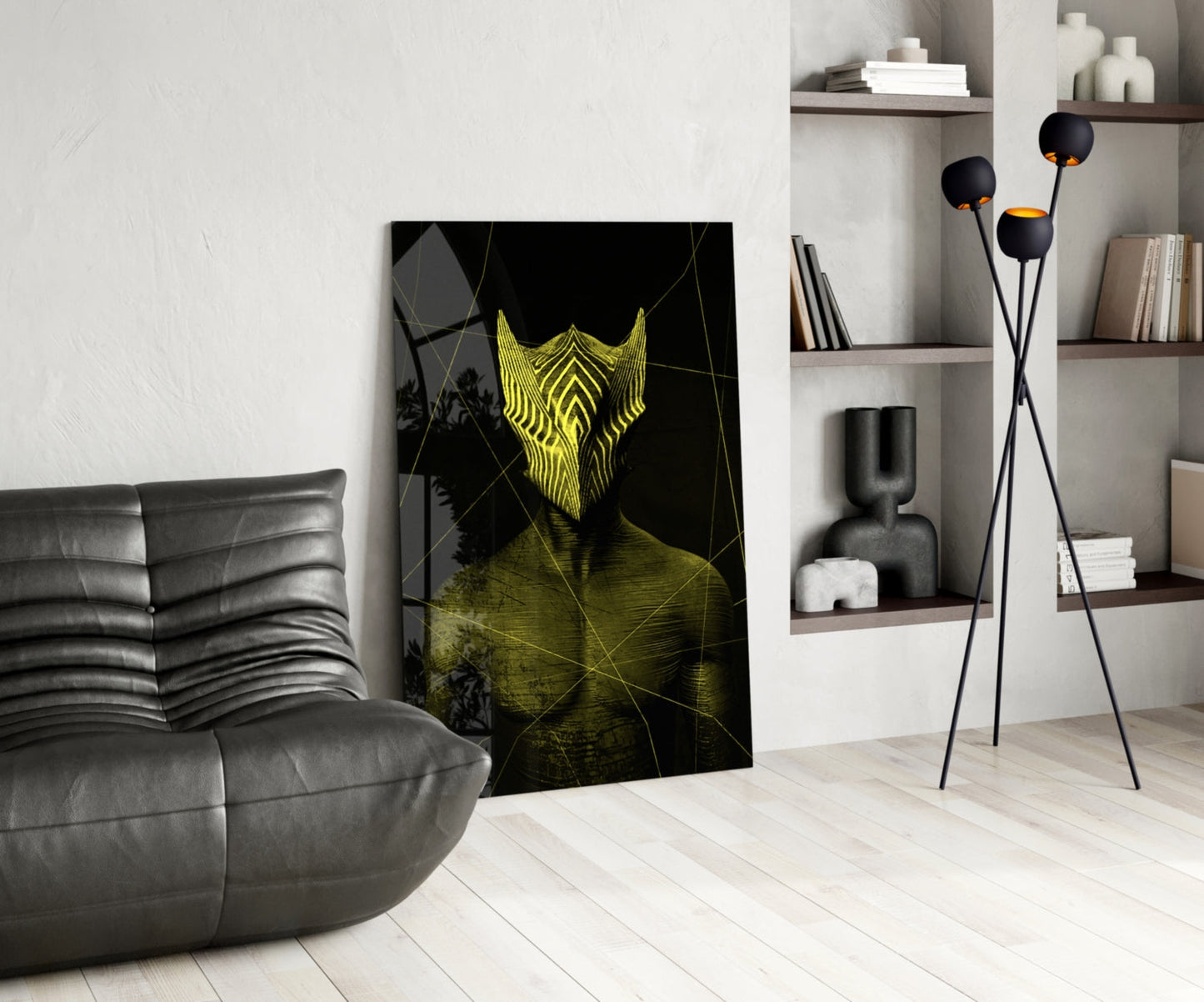 Black glass wall art with neon yellow geometric wolf head design displayed in modern living room with gray leather sofa and shelving.