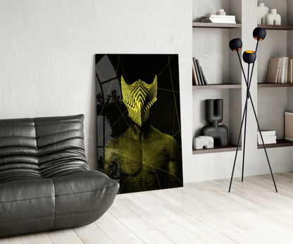 Black glass wall art with neon yellow geometric wolf head design displayed in modern living room with gray leather sofa and shelving.