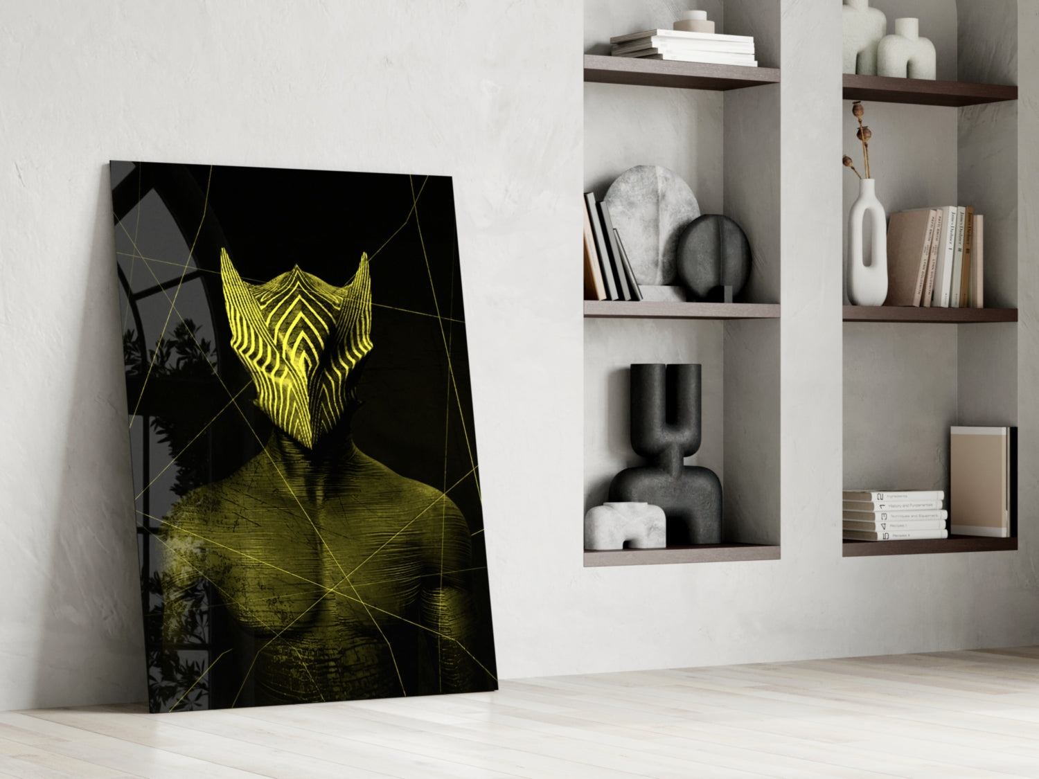 Darko Yellow Glass Wall Art leaning against white wall beside shelving unit, displaying yellow neon mask design on black background.