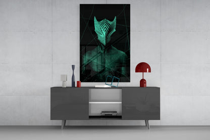 Modern living room setup featuring a glowing green neon mask artwork displayed above a dark gray media console with red and white decorative accessories.