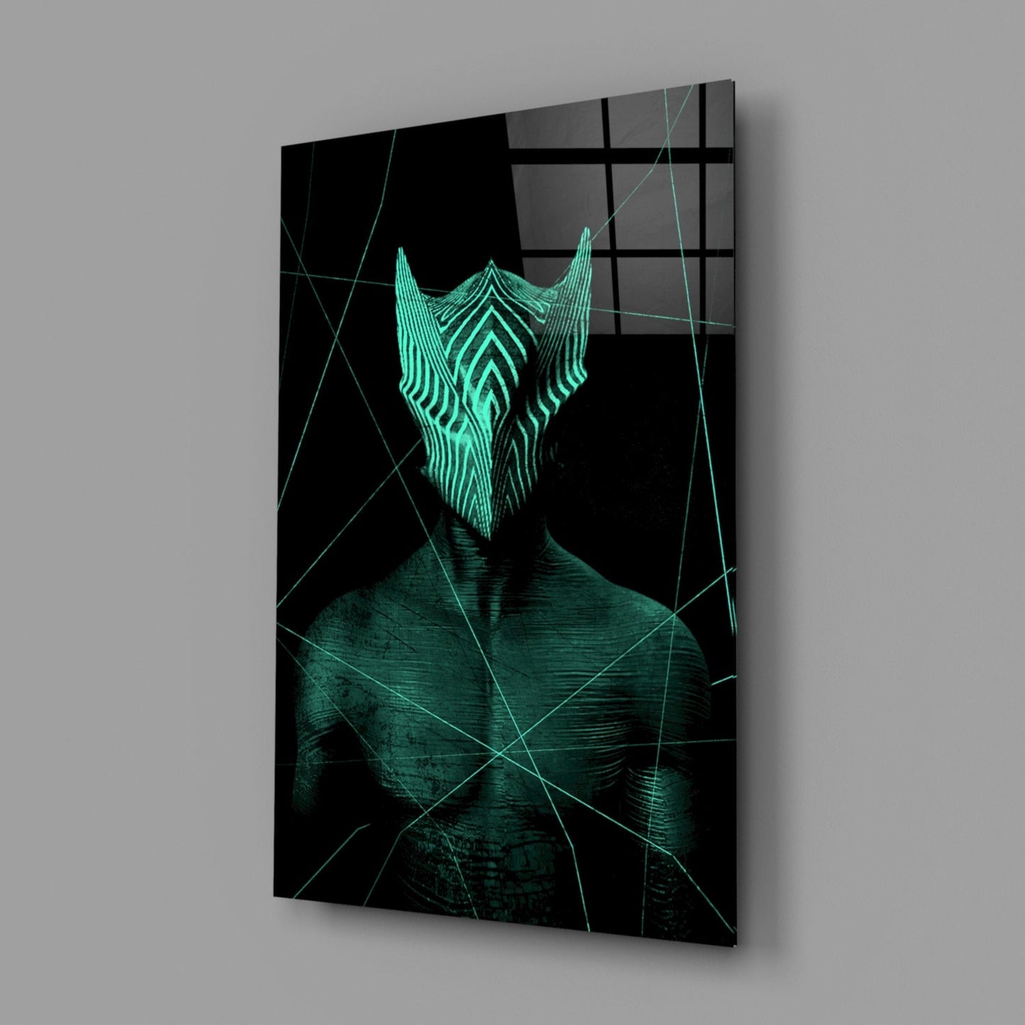 Angled view of glass wall art depicting a figure with neon green geometric face mask against black background with grid pattern.