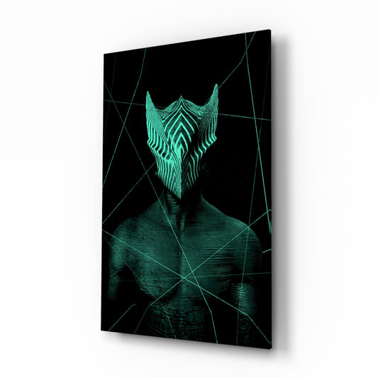 Angled perspective view of a glass panel displaying a glowing cyan geometric beard mask design against a black background with wireframe patterns.