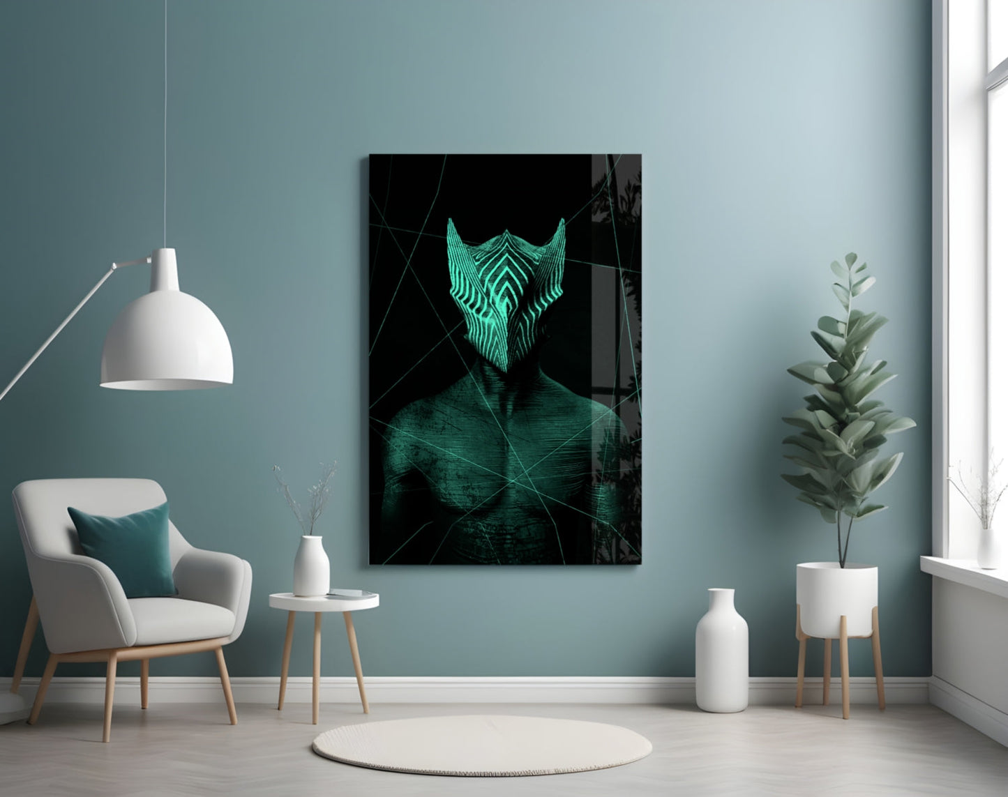Darko Green Glass Wall Art displayed on a teal bedroom wall above a white armchair, showing a glowing teal geometric face mask design against black background.