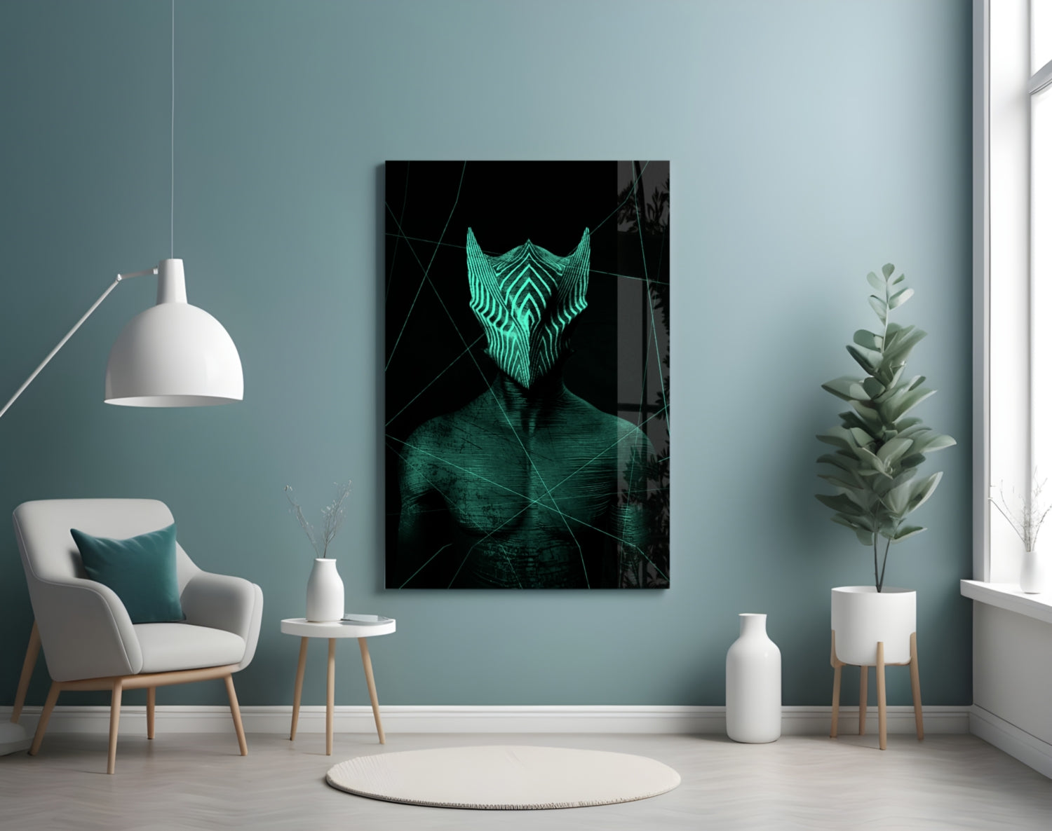 Darko Green Glass Wall Art displayed on a teal bedroom wall above a white armchair, showing a glowing teal geometric face mask design against black background.