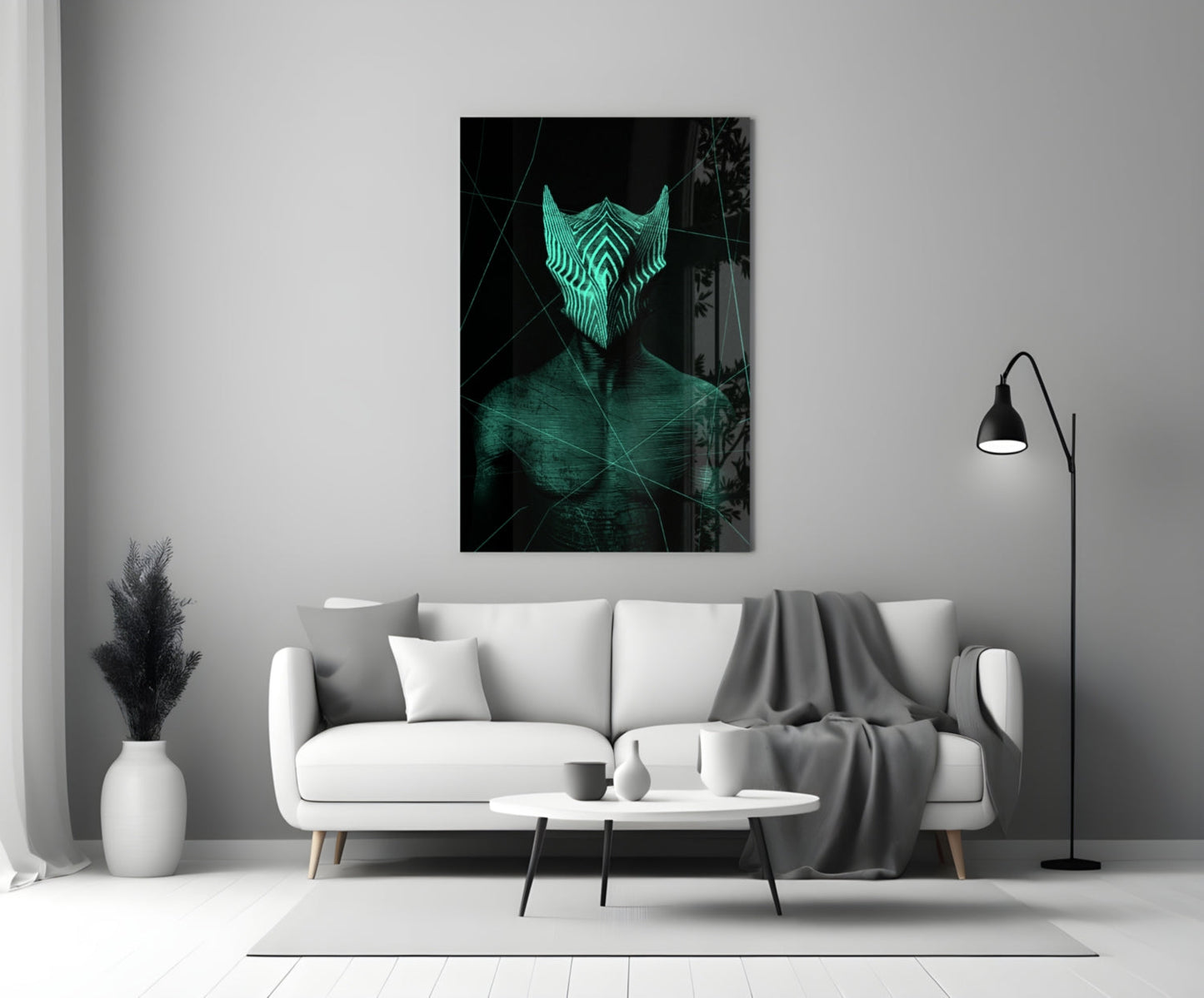 Darko Green Glass Wall Art displaying a glowing turquoise geometric face mask design mounted above a white sofa in a modern living room.