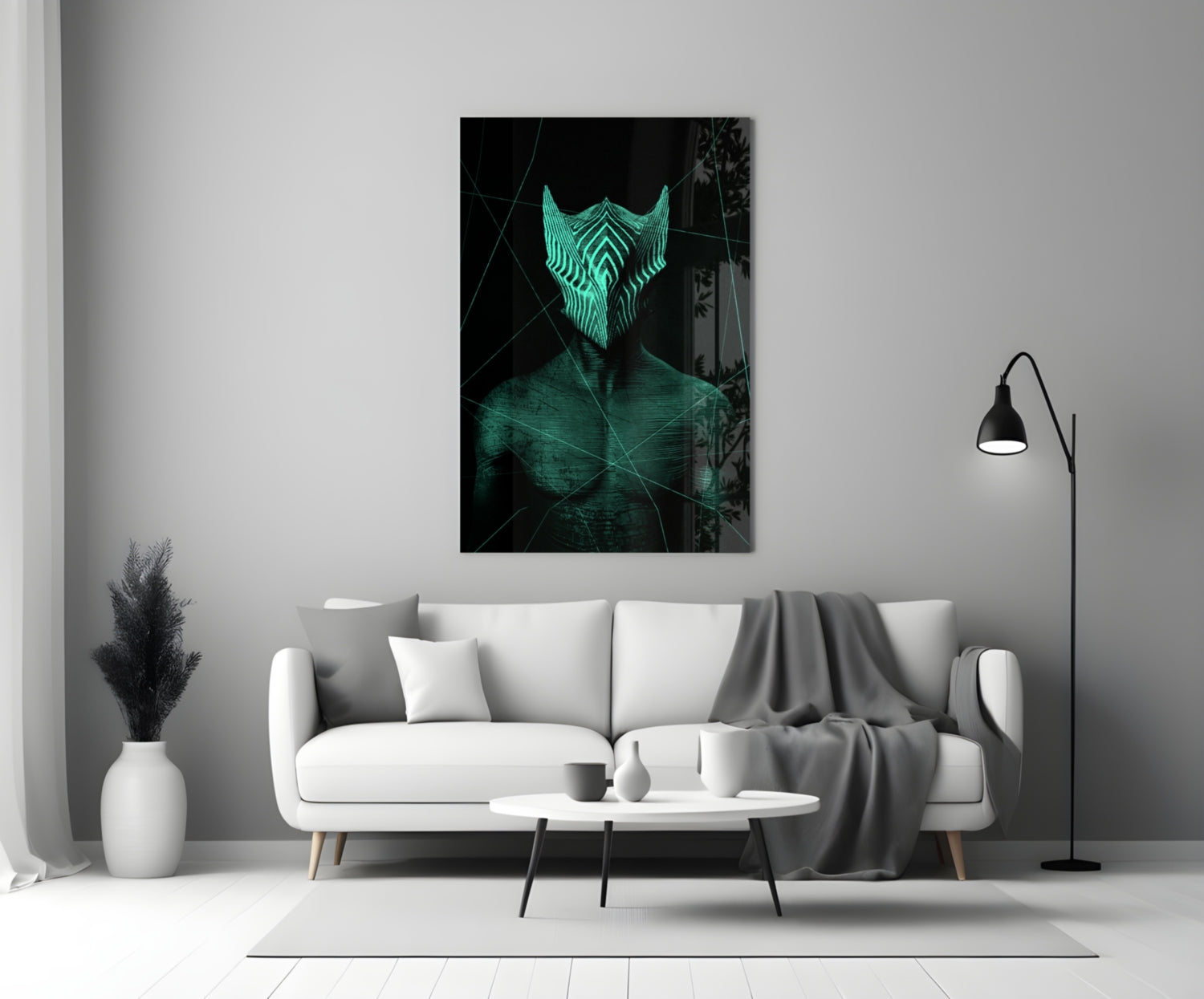 Darko Green Glass Wall Art displaying a glowing turquoise geometric face mask design mounted above a white sofa in a modern living room.