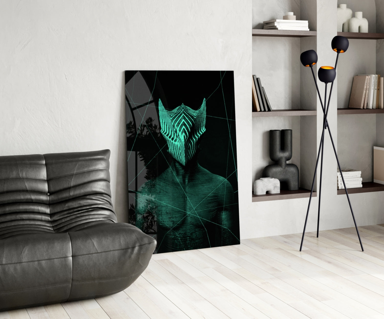 Darko Green glass wall art displayed in modern living room with gray leather sofa, black floor lamp, and white shelving unit.