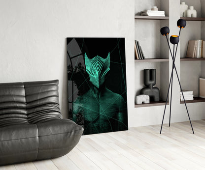 Darko Green glass wall art displayed in modern living room with gray leather sofa, black floor lamp, and white shelving unit.
