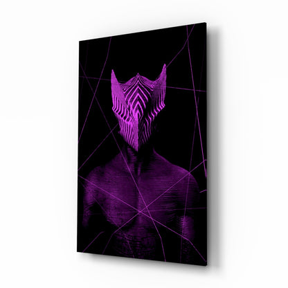 Angled view of a glass wall art panel featuring a purple neon-style figure with geometric line patterns on black background.