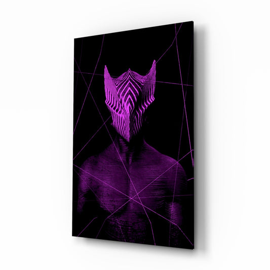 Angled view of a glass wall art panel featuring a purple neon-style figure with geometric line patterns on black background.