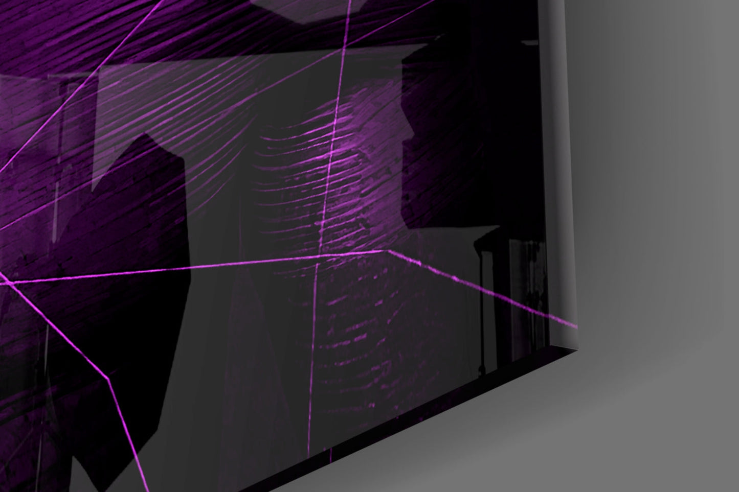 Purple and black geometric glass wall art installation with illuminated violet lines and linear patterns displayed in an interior corner space.