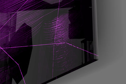 Purple and black geometric glass wall art installation with illuminated violet lines and linear patterns displayed in an interior corner space.