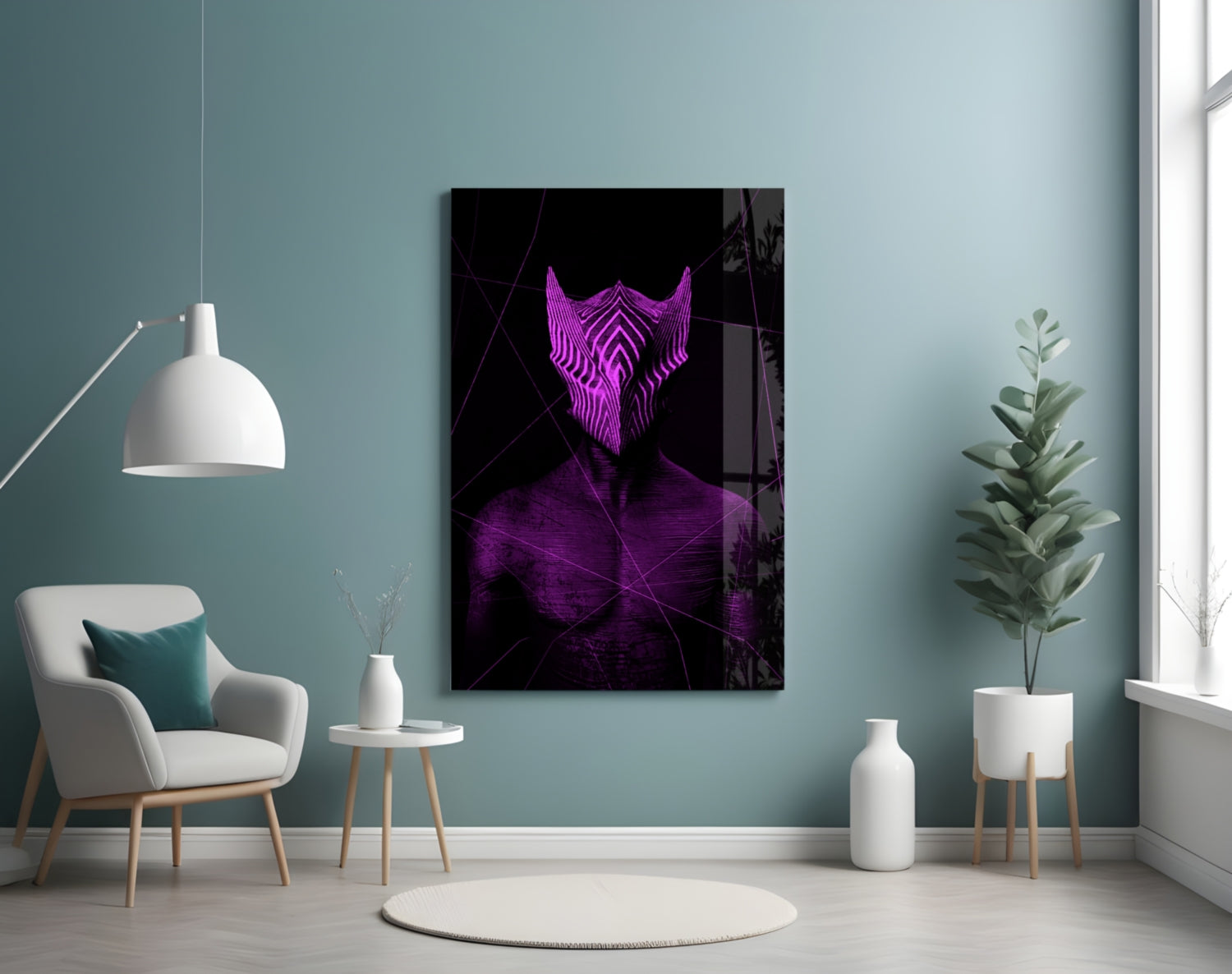 Darko Violet Glass Wall Art displayed on a teal wall above a white armchair in a minimalist living room interior.