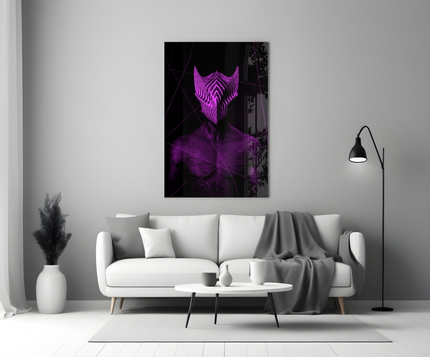 Darko Violet Glass Wall Art displayed above a white sofa in a minimalist living room with grey accents and black floor lamp.
