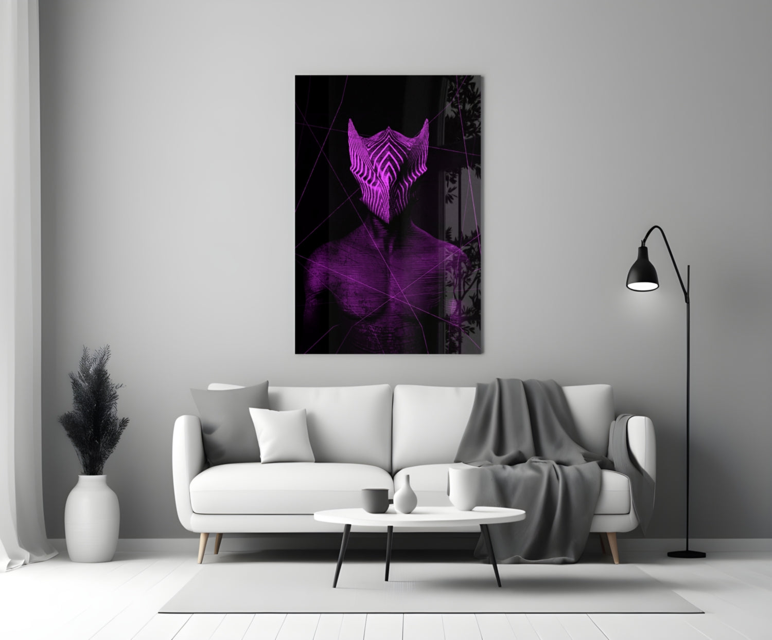 Darko Violet Glass Wall Art displayed above a white sofa in a minimalist living room with grey accents and black floor lamp.