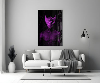 Darko Violet Glass Wall Art displayed above a white sofa in a minimalist living room with grey accents and black floor lamp.