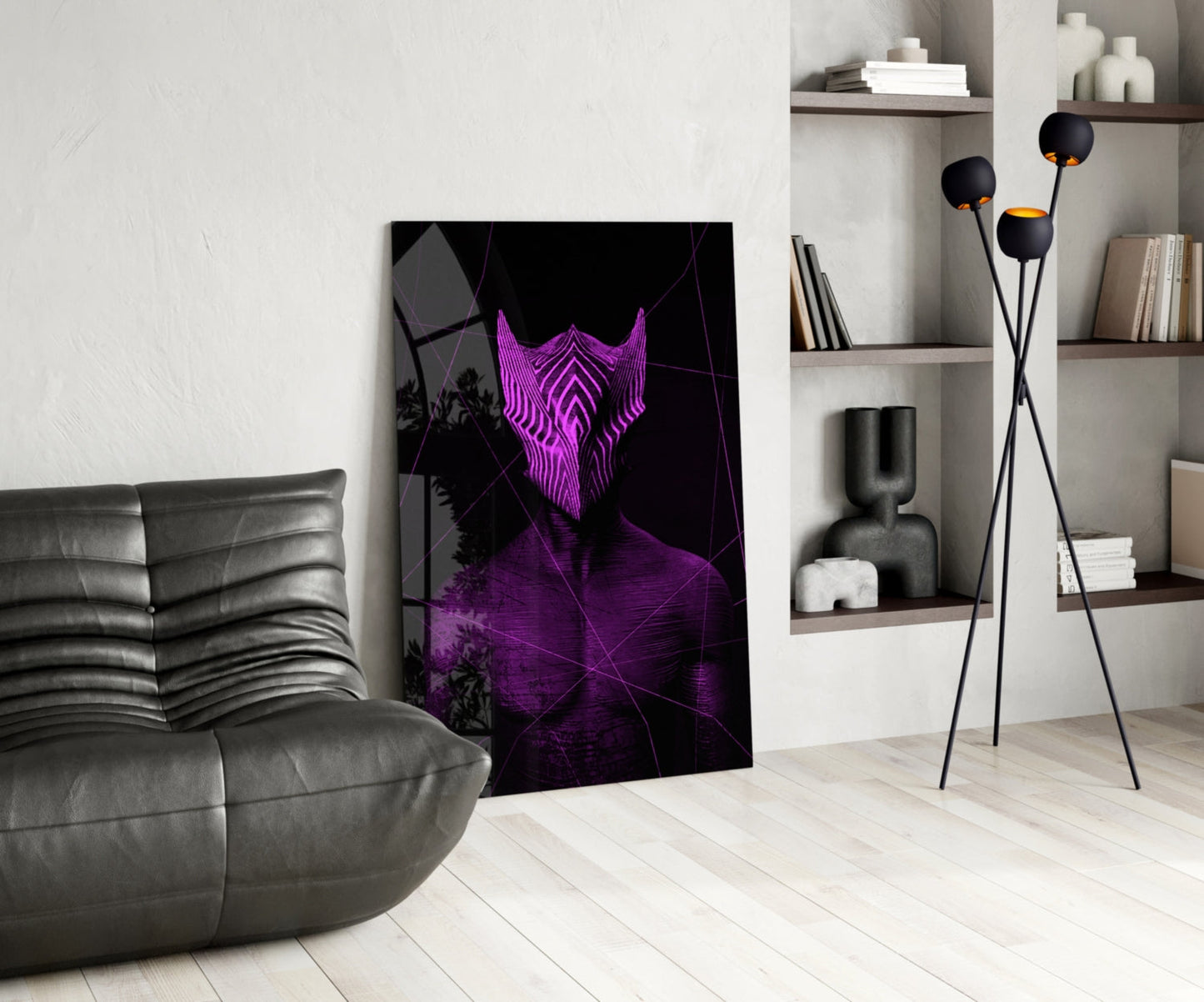 Darko Violet Glass Wall Art displayed in modern living room interior with gray leather sofa, black floor lamp, and white shelving unit.