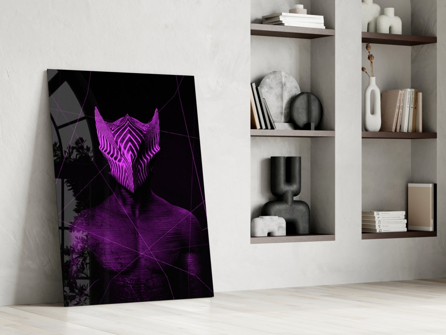 Darko Violet Glass Wall Art leans against white wall beside shelving unit, displaying neon purple geometric mask design on black background.