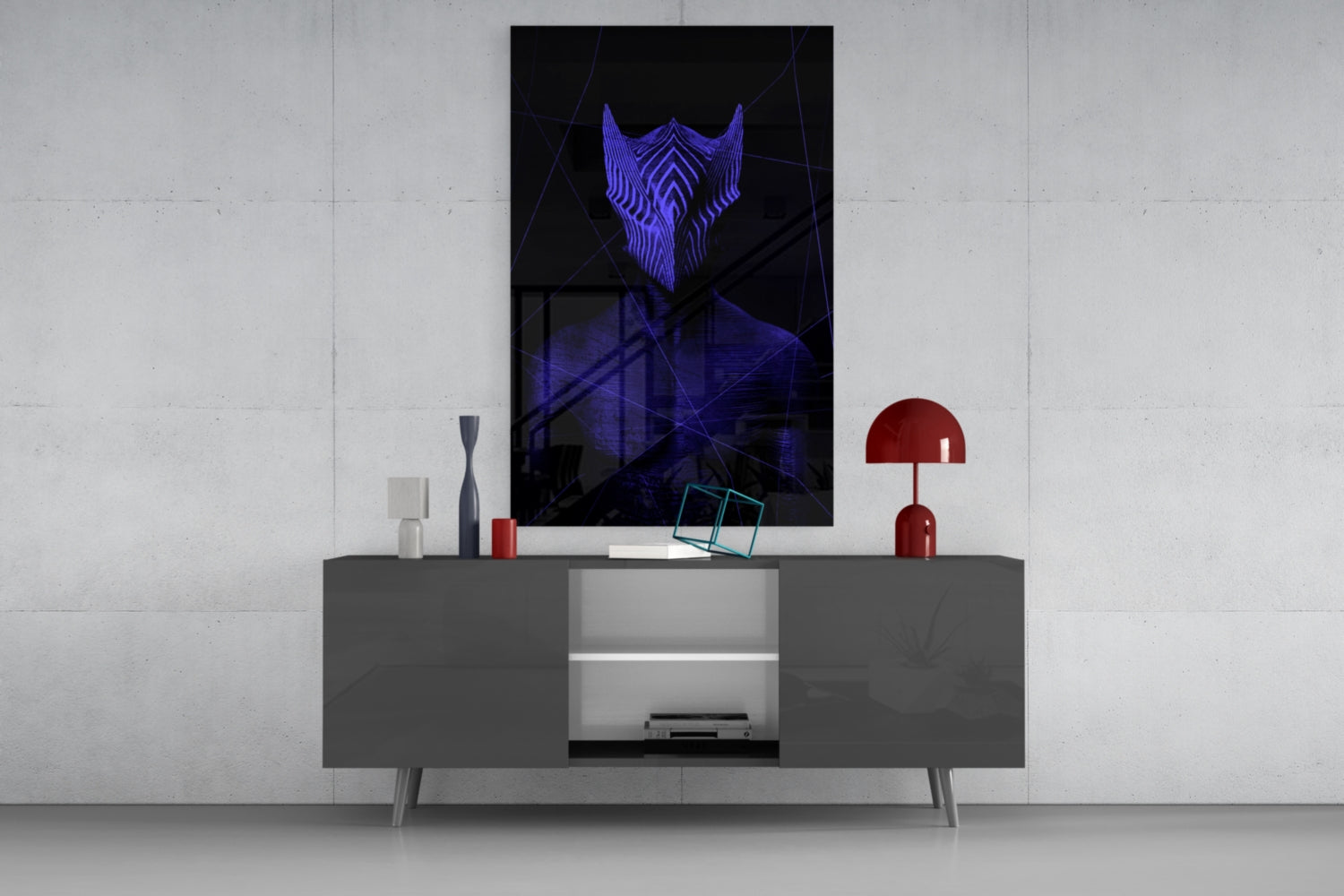 Purple neon glowing beard design displayed on black glass panel mounted above gray media console in modern living room setting.