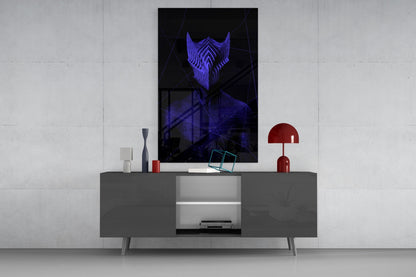 Purple neon glowing beard design displayed on black glass panel mounted above gray media console in modern living room setting.