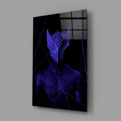 Angled perspective view of black glass panel with blue neon glowing geometric face design and grid pattern overlay.