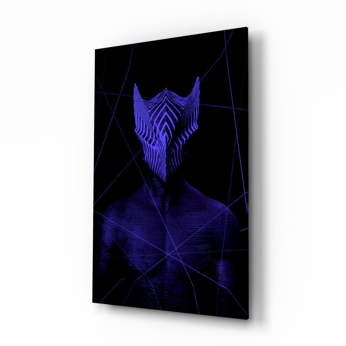 Angled perspective view of dark glass wall art featuring a purple neon geometric face design with radiating lines on black background.