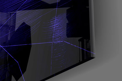 Purple neon lines and geometric patterns projected onto dark glass panels in an interior room setting.