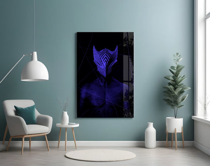 Modern living room interior displaying Darko Purple Glass Wall Art featuring glowing blue neon geometric patterns on black background above white chair.