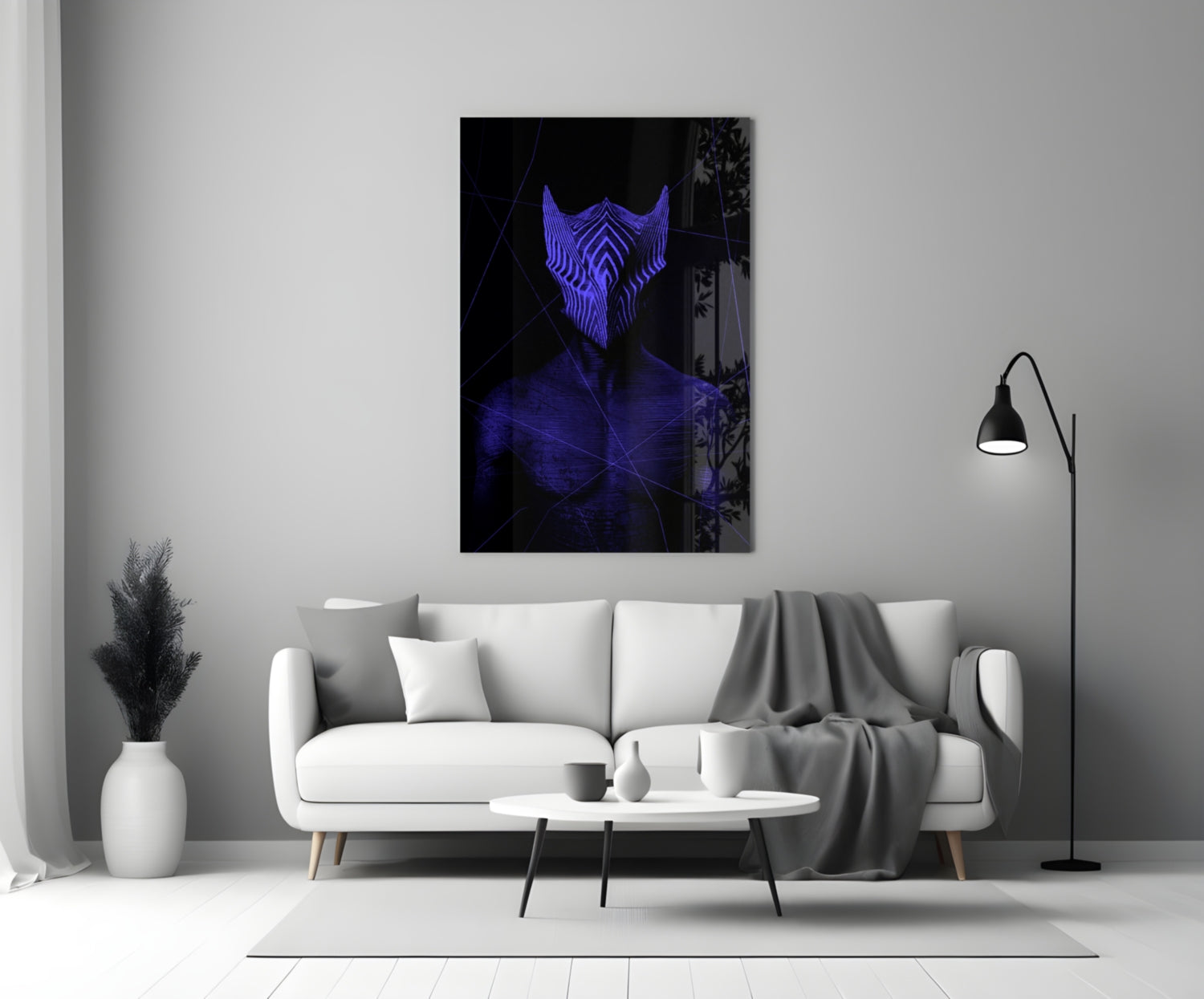 Modern living room interior with purple neon winged mask glass wall art displayed above white sofa.