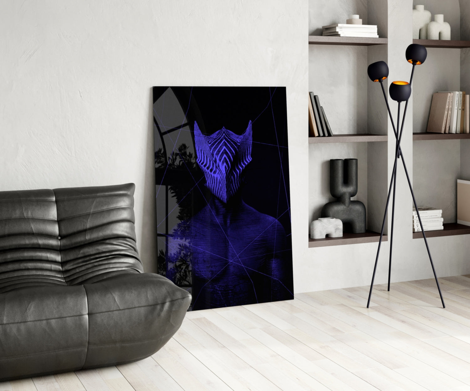 Modern living room interior featuring Darko Purple Glass Wall Art leaning against white wall beside gray leather chair and black tripod lamp.