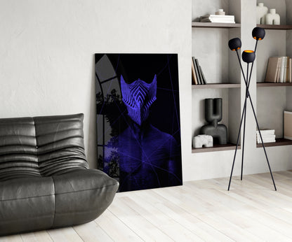 Modern living room interior featuring Darko Purple Glass Wall Art leaning against white wall beside gray leather chair and black tripod lamp.