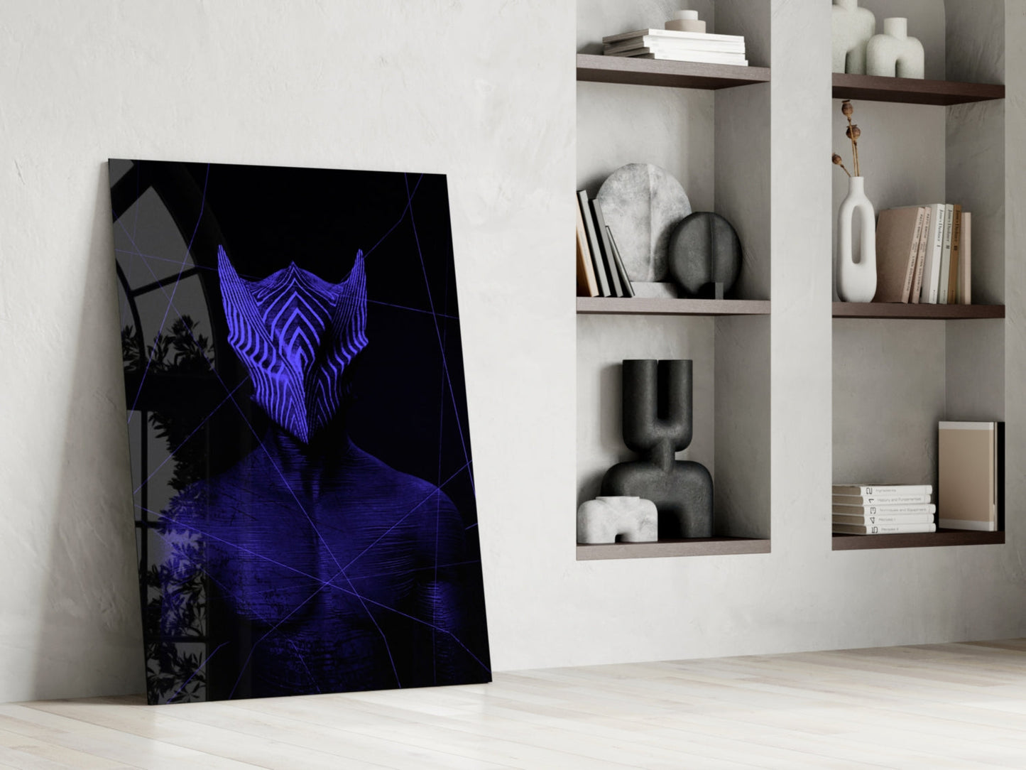 Darko Purple Glass Wall Art leaning against white wall beside shelving unit, displaying blue neon mask design on black background.