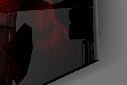 Red textured glass wall panel mounted on white wall with black shadow cast across its surface, shown at angle.