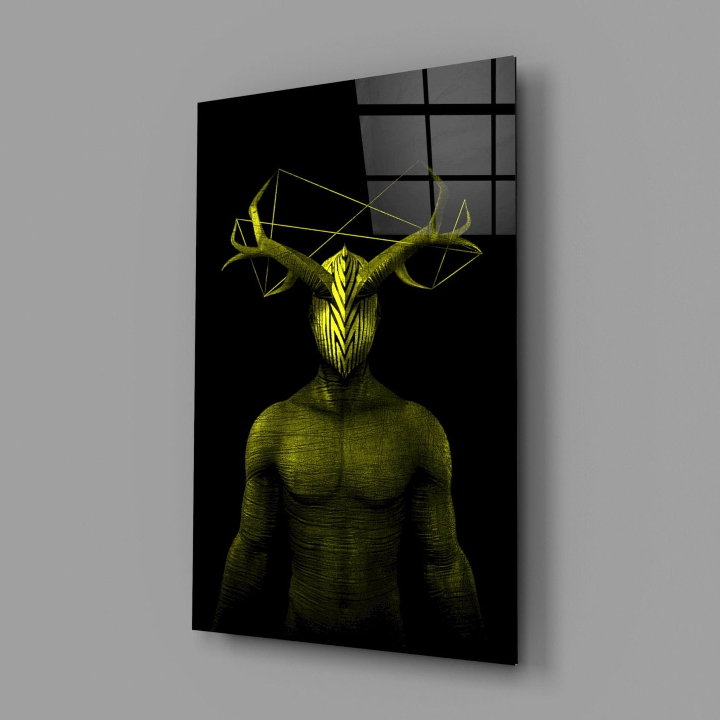 Angled view of yellow demonic figure with antlers and muscular torso on black glass panel with grid pattern overlay.