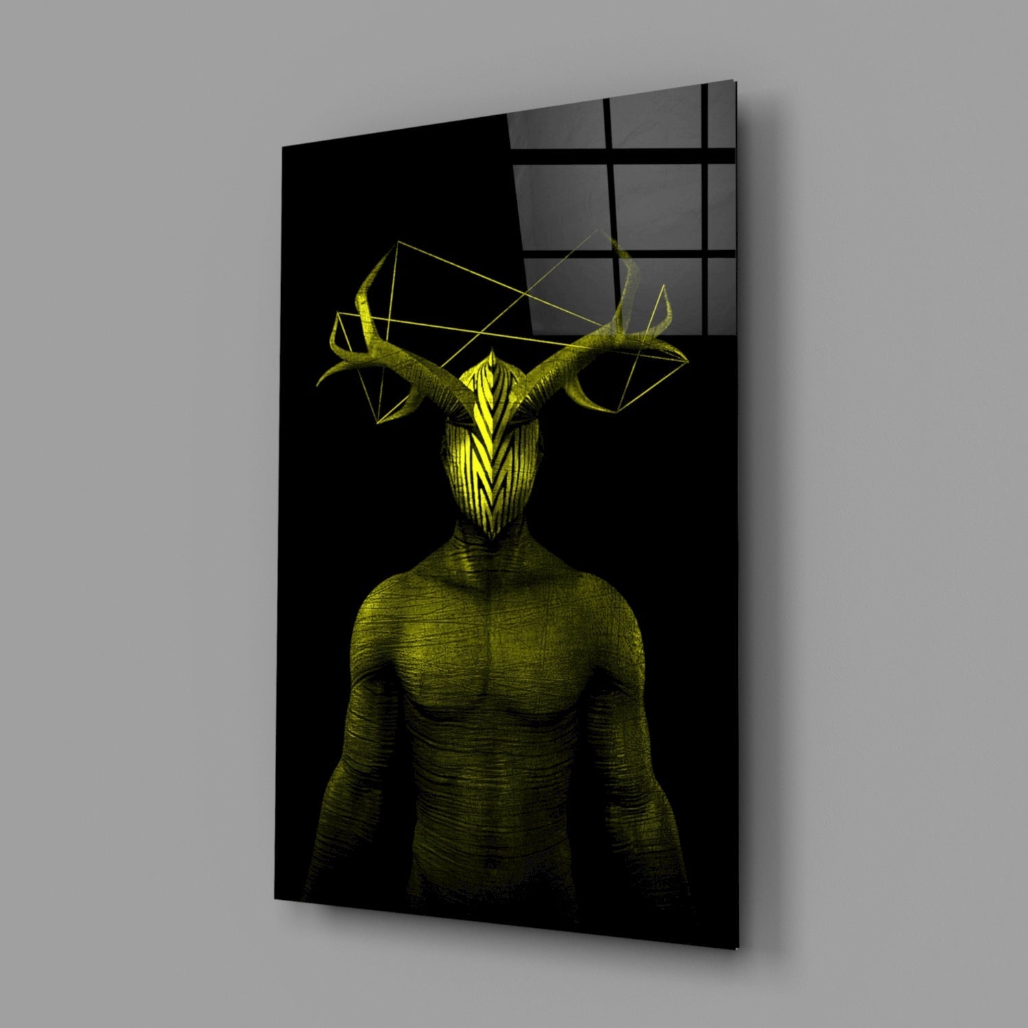 Angled view of yellow demonic figure with antlers and muscular torso on black glass panel with grid pattern overlay.