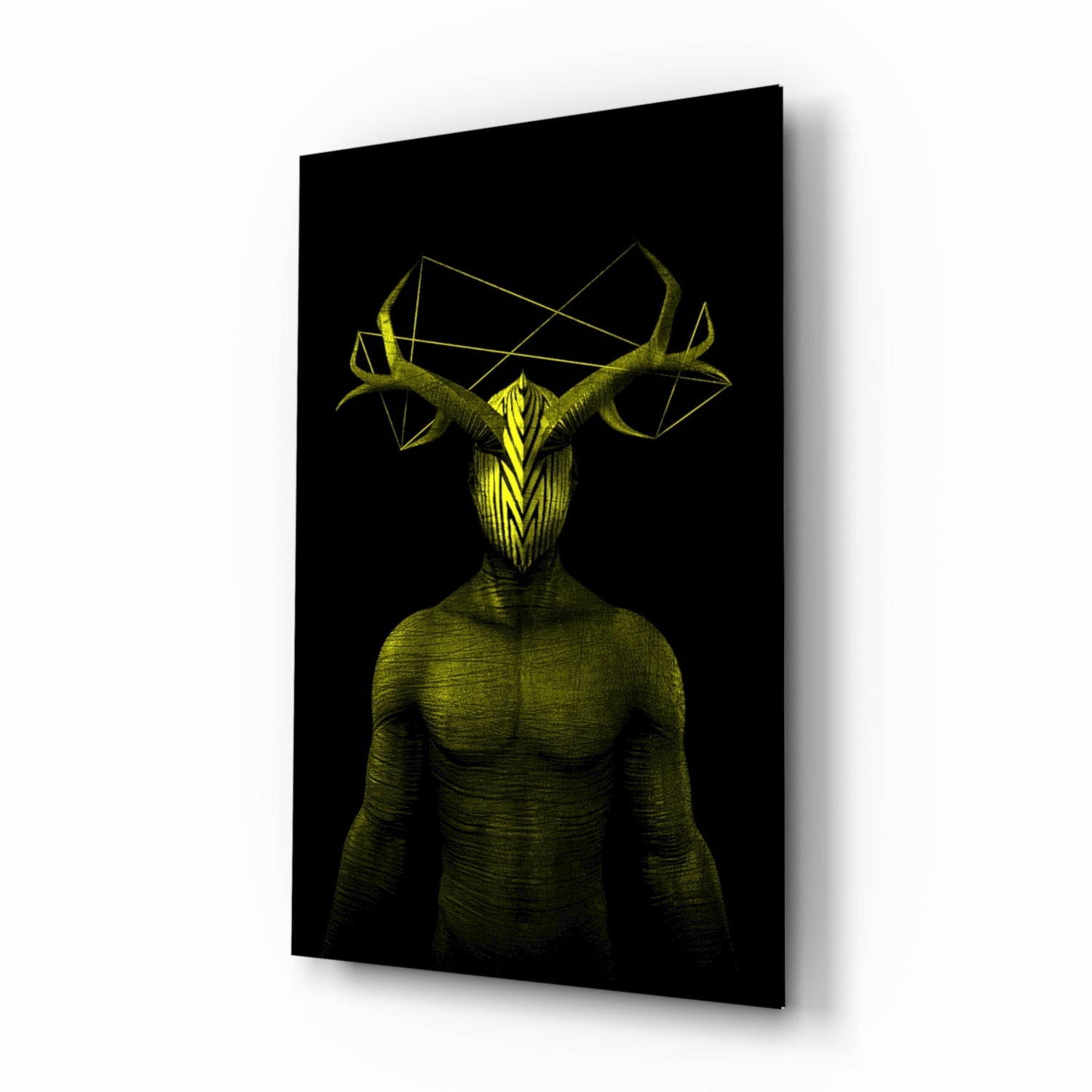 Yellow and gold humanoid figure with geometric antler head against black background on glass wall art, angled perspective view.