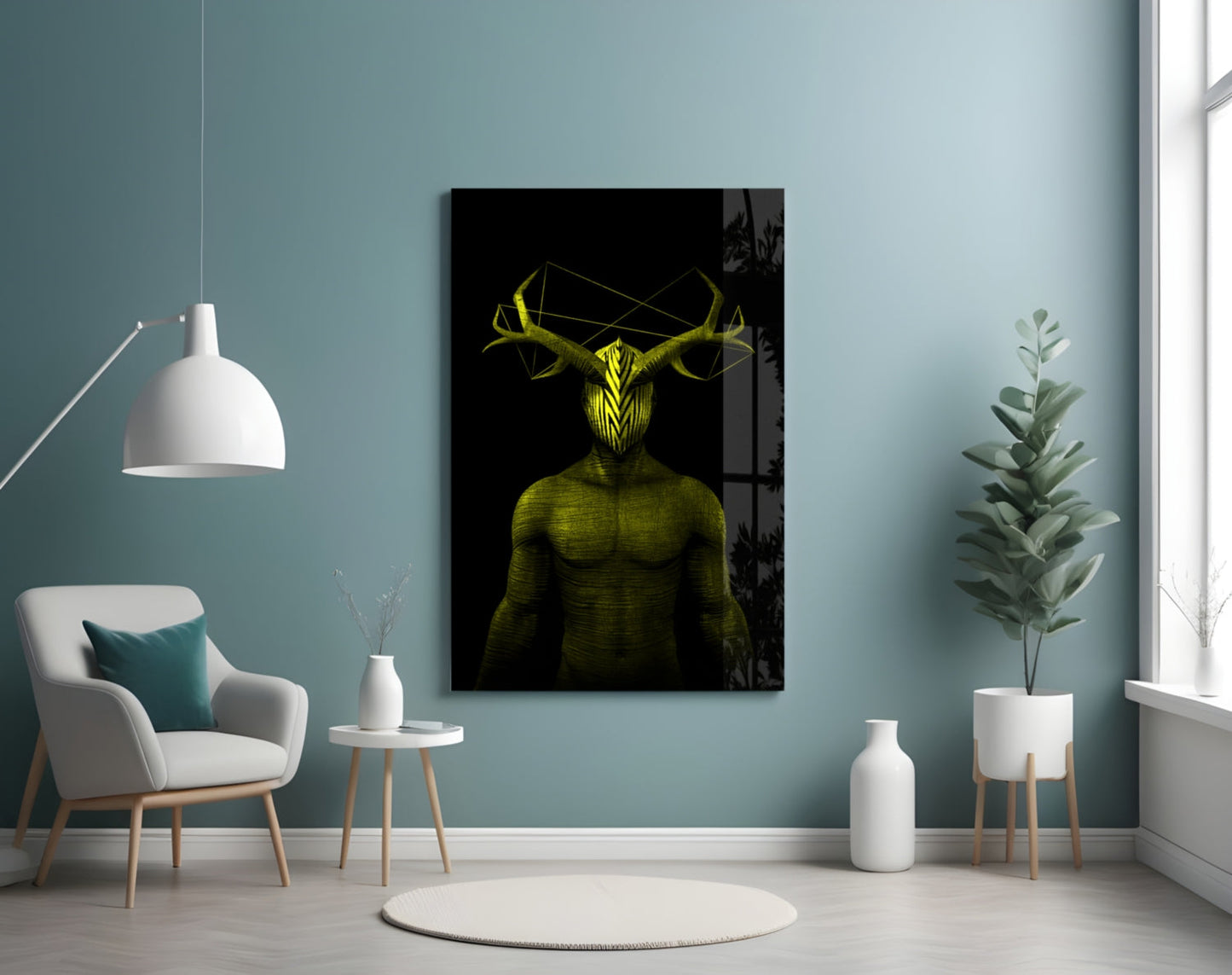Yellow glowing humanoid deer figure with geometric antlers displayed on black glass panel in modern living room setting.