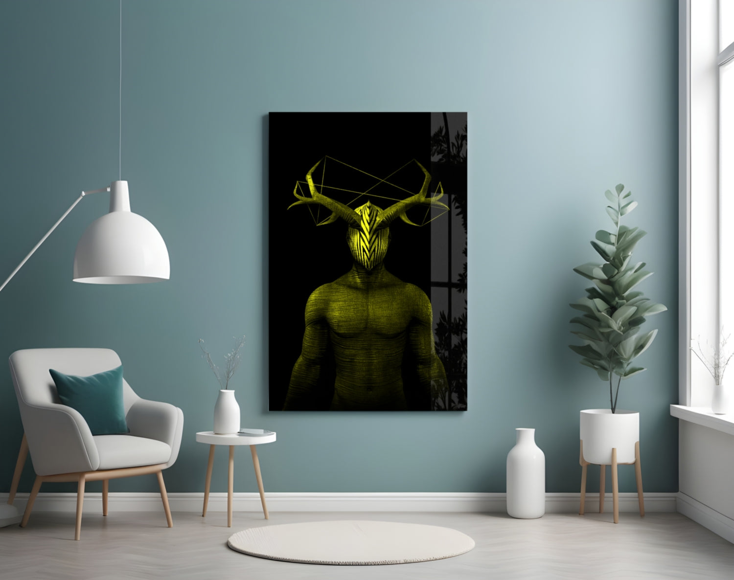 Yellow glowing humanoid deer figure with geometric antlers displayed on black glass panel in modern living room setting.