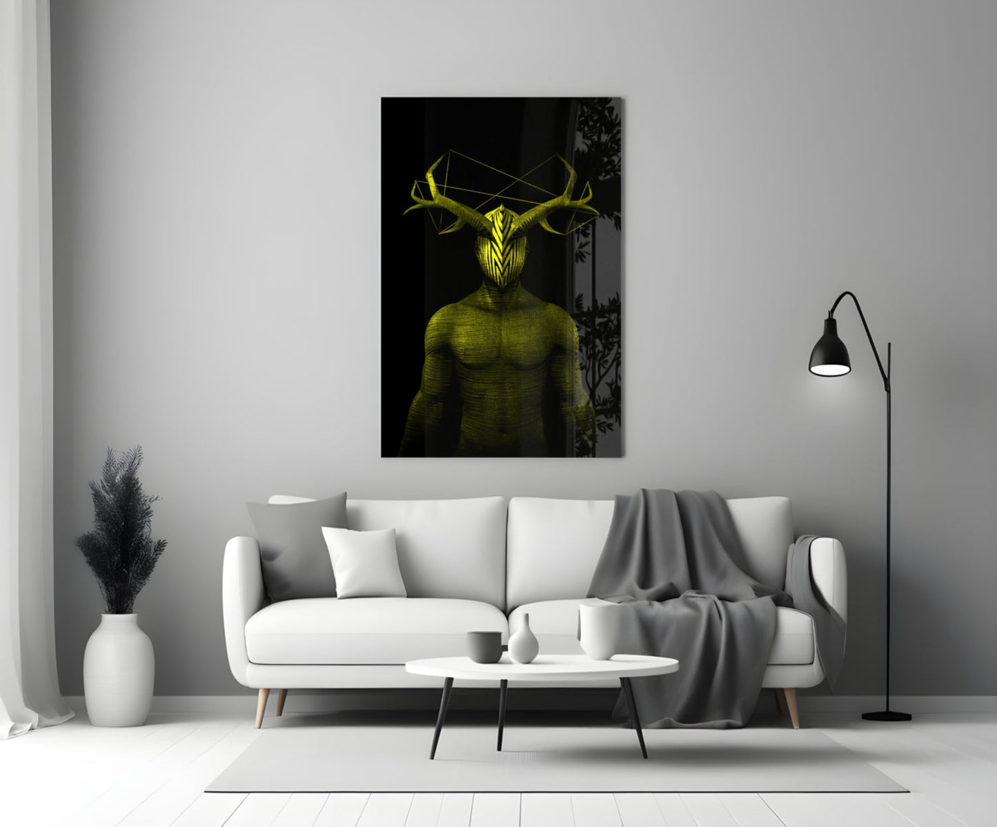 Yellow neon deer head figure displayed on black glass wall art above white sofa in modern living room.