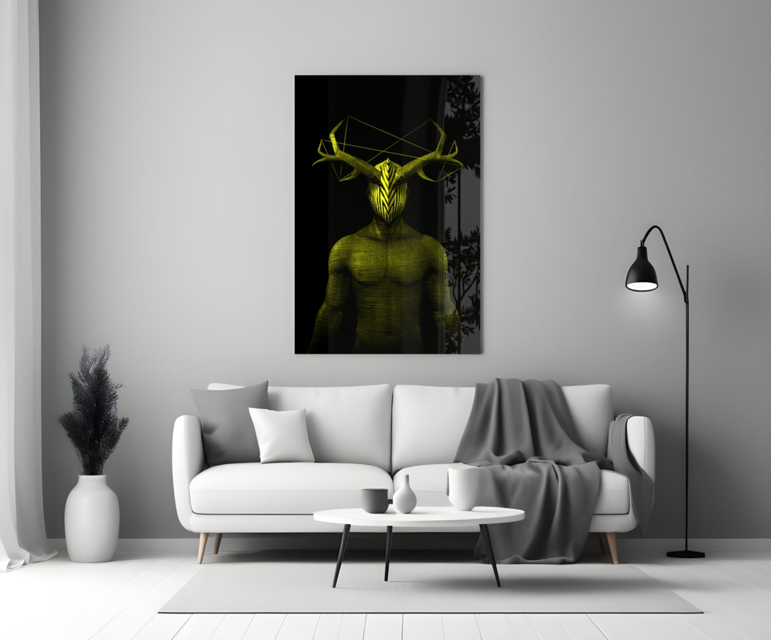 Yellow neon deer head figure displayed on black glass wall art above white sofa in modern living room.