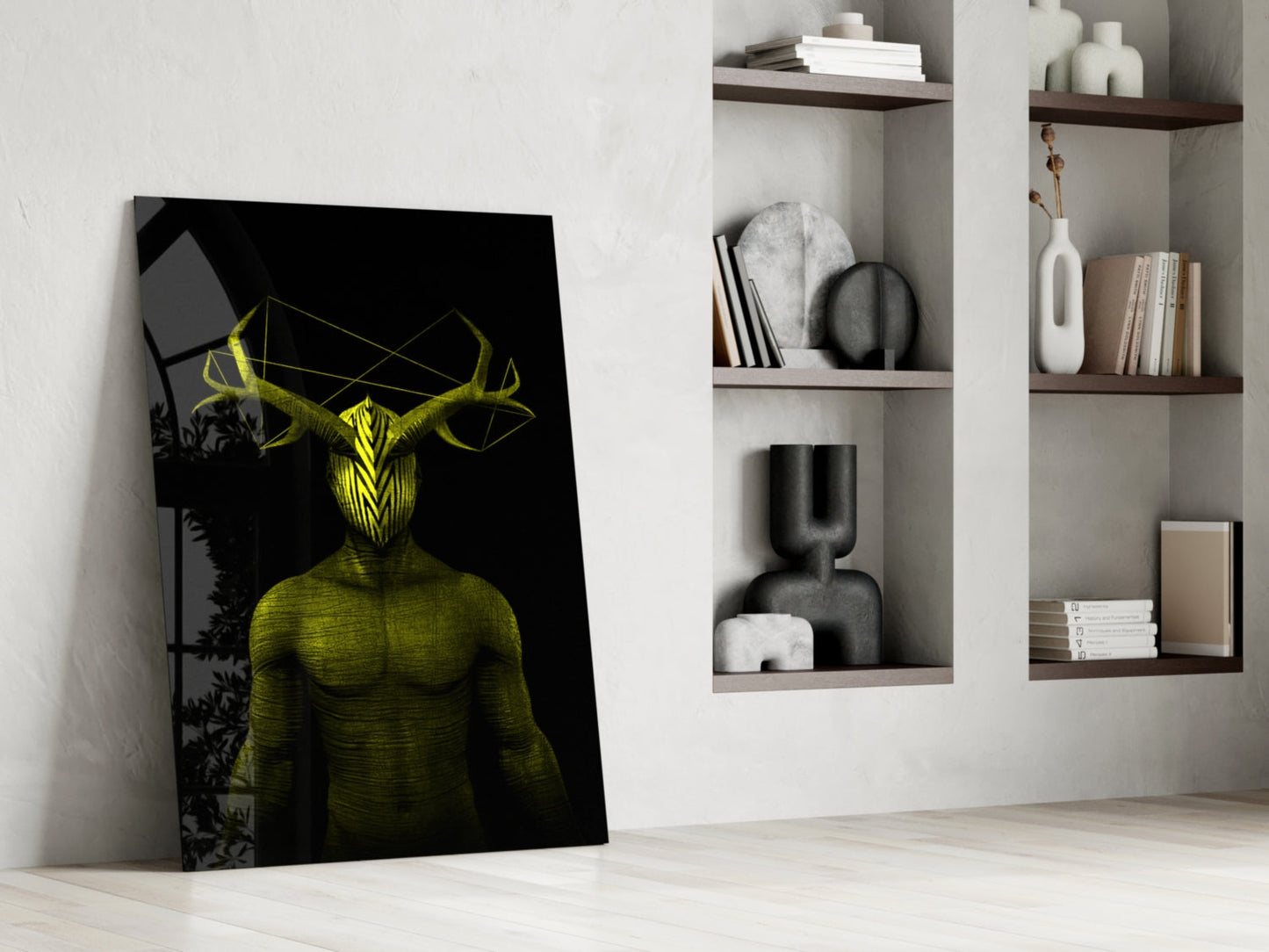 Yellow neon demonic bull-horned figure on black glass panel leaning against white wall beside shelving.