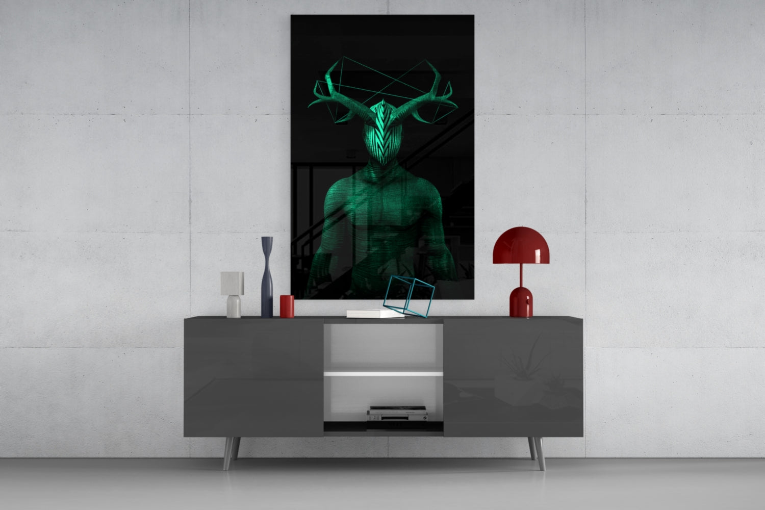 Glowing green neon deer skull artwork displayed on gray console table with red lamp and decorative objects against white wall.