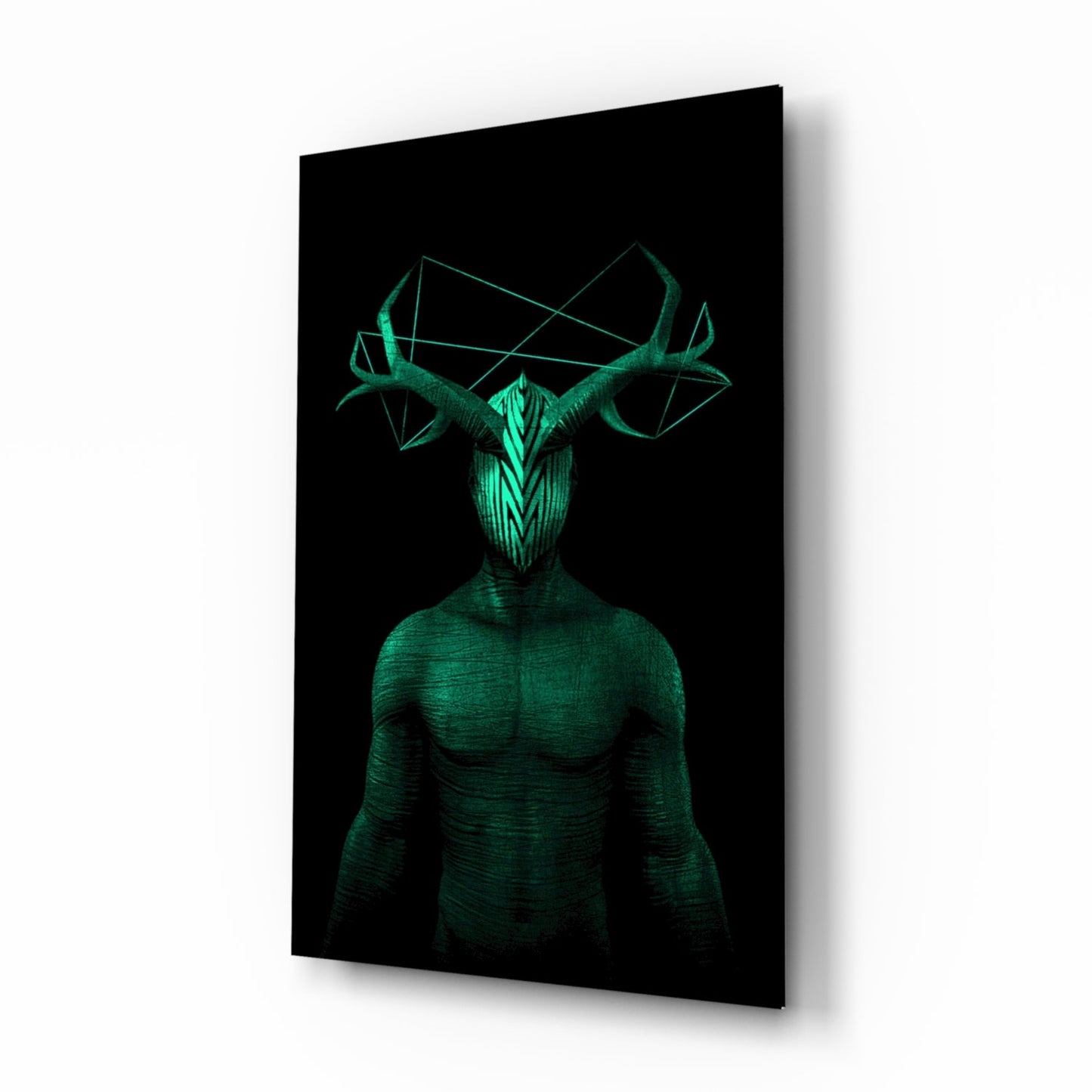 Three-dimensional angled view of green glass wall art depicting a muscular humanoid figure with geometric antler head against black background.