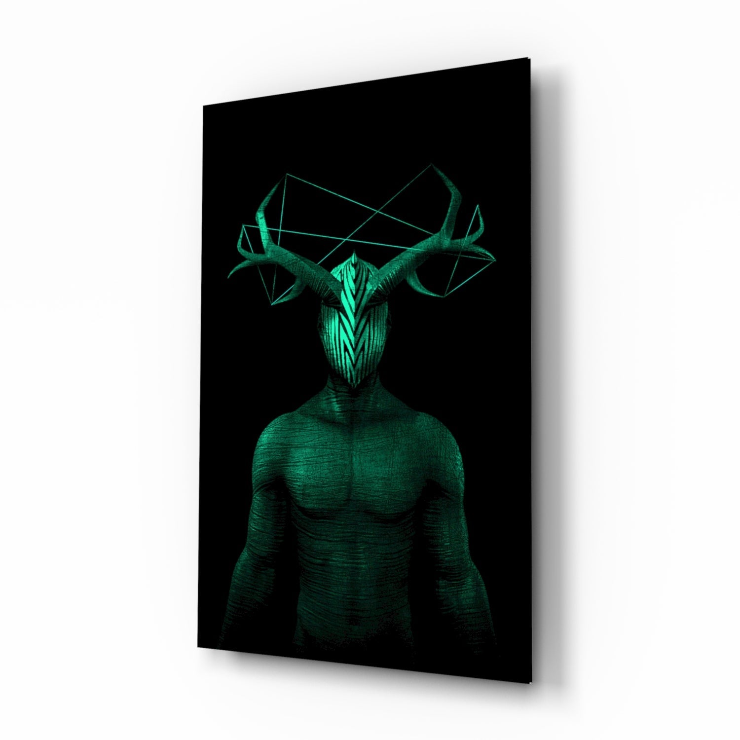 Three-dimensional angled view of green glass wall art depicting a muscular humanoid figure with geometric antler head against black background.